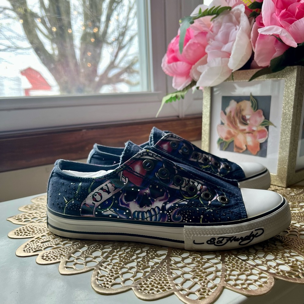 Ed Hardy Blue and White Sneakers with Doodle Design